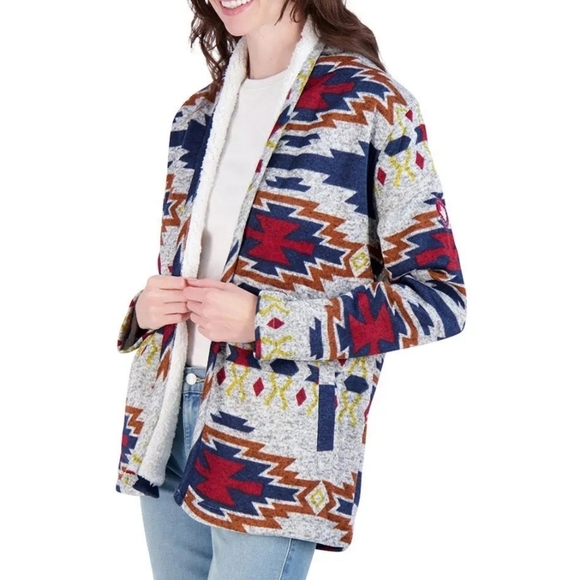 Canada Weather Gear Womens Sherpa-Lined Aztec Pattern Open Cardigan Jacket - Picture 2 of 15